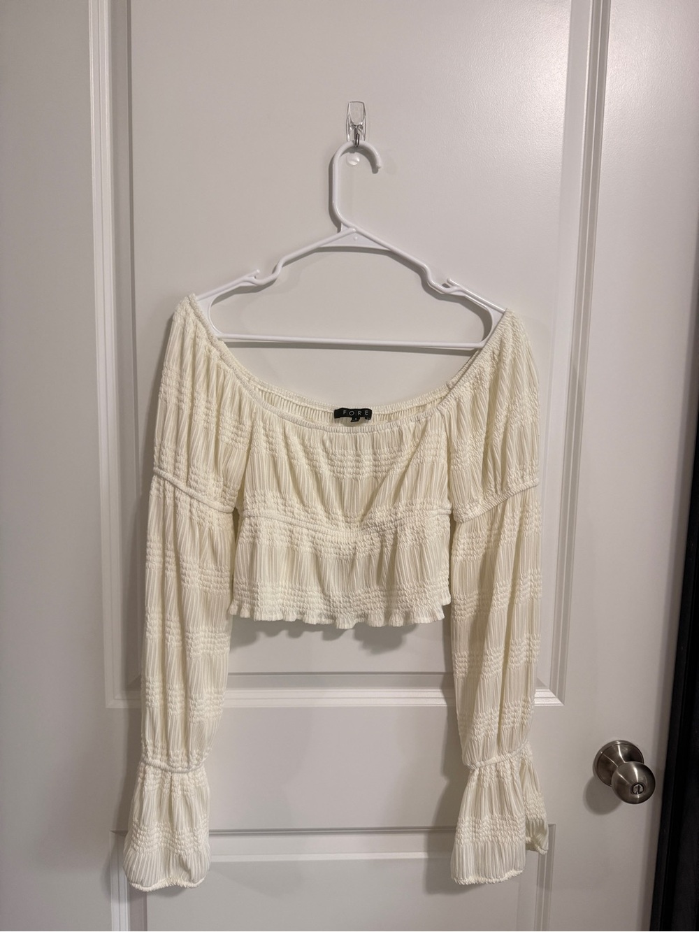 Boho Smocked Off-Shoulder Cream Crop Top